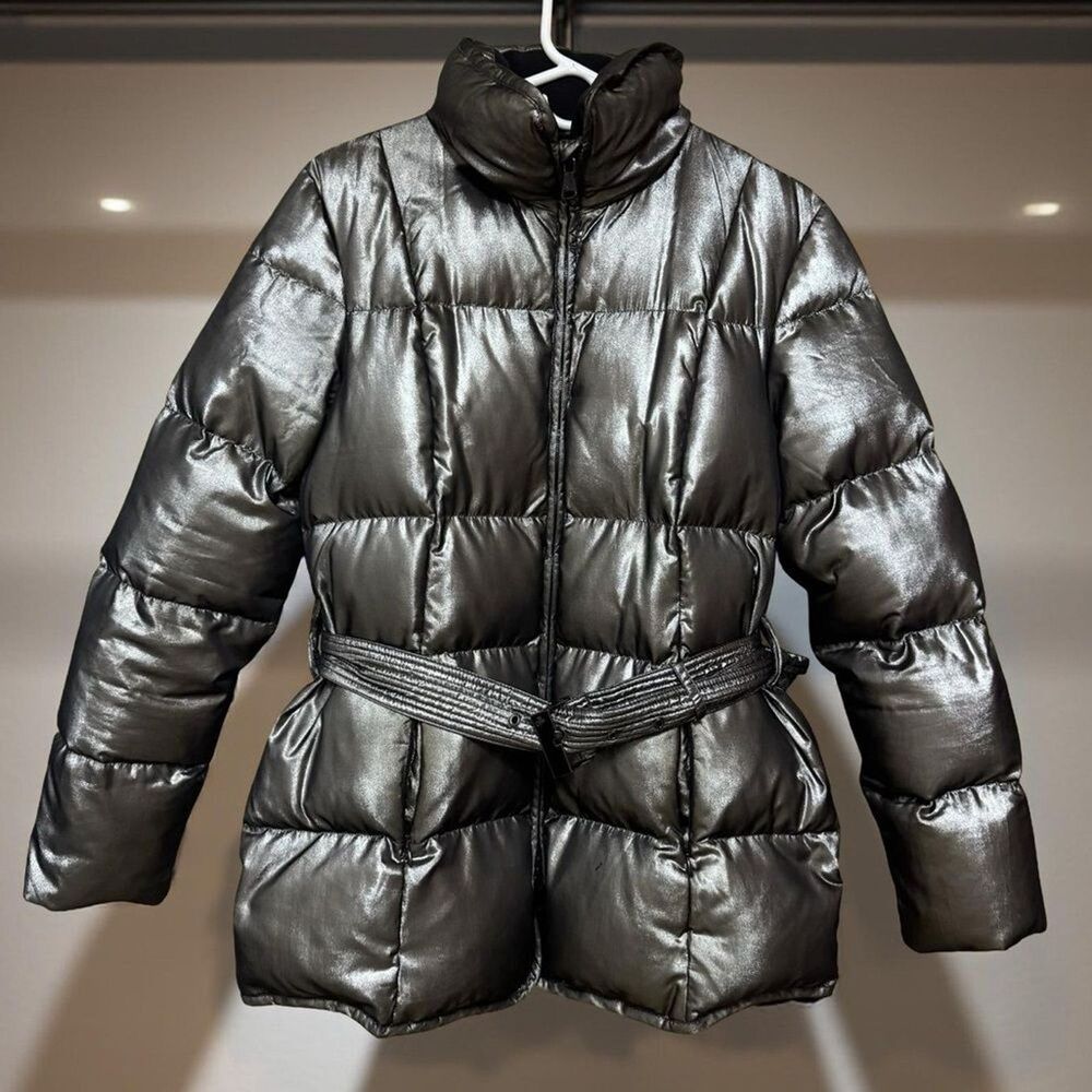 Lauren Ralph Lauren Womens M Gray Silver Belted Down Puffer Jacket Shiny